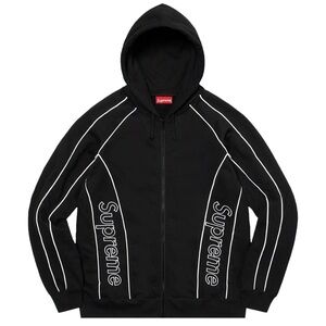 Supreme Track Paneled Zip Up Hooded Jacket in black with white trim, L